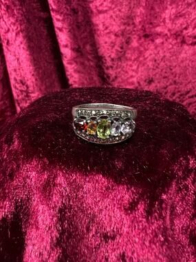 Vintage Sterling Silver Chunky Ring - Multi Gemstone Marcasite Band - Size 9.25